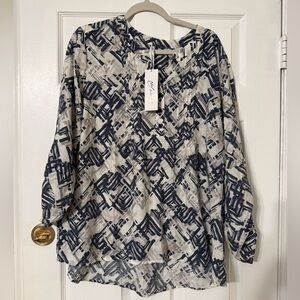 NY Collection Navy and White Abstract Blouse